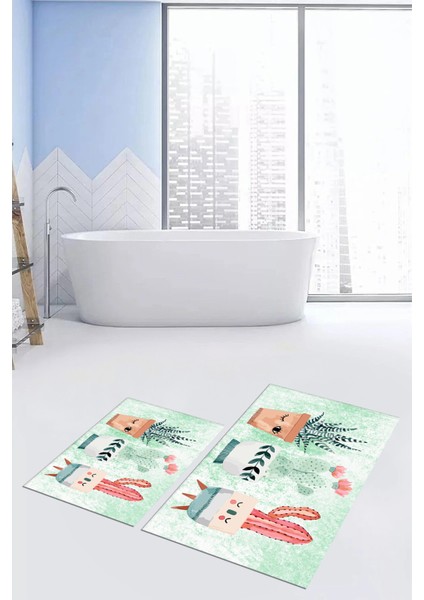 Dijital Baskılı Yıkanabilir Renkli Kaktüs Desenli Ikili Banyo Halısı, Klozet-24-Yeşil, fiyatları