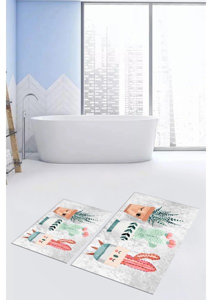 Dijital Baskılı Yıkanabilir Renkli Kaktüs Desenli Ikili Banyo Halısı, Klozet-24-Gri, fiyatları