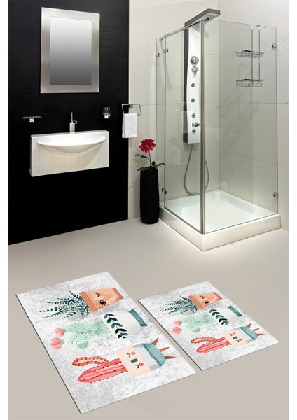 Dijital Baskılı Yıkanabilir Renkli Kaktüs Desenli Ikili Banyo Halısı, Klozet-24-Gri, modelleri