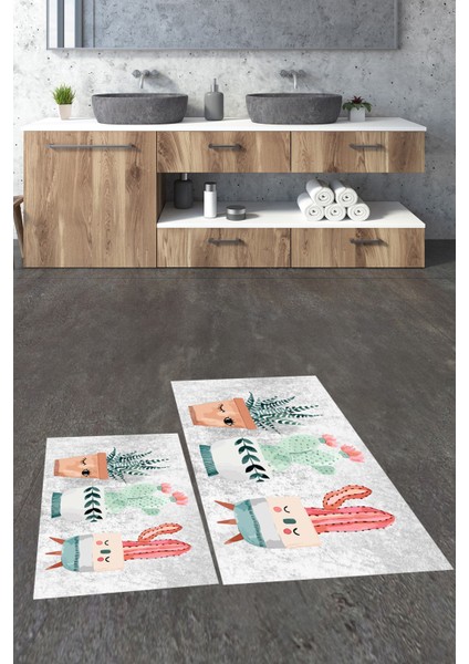 Dijital Baskılı Yıkanabilir Renkli Kaktüs Desenli Ikili Banyo Halısı, Klozet-24-Gri, indirimleri