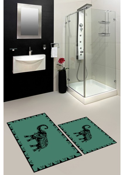 Dijital Baskılı Yıkanabilir Fil Desenli Ikili Banyo Halısı Paspas, Klozet-32-Yeşil,