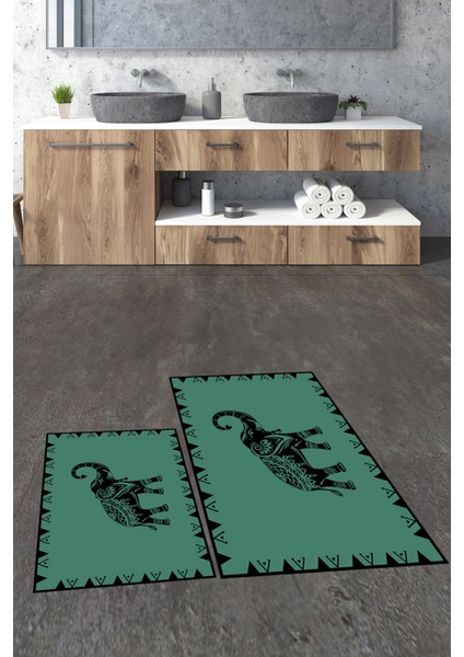 Dijital Baskılı Yıkanabilir Fil Desenli Ikili Banyo Halısı Paspas, Klozet-32-Yeşil, modelleri