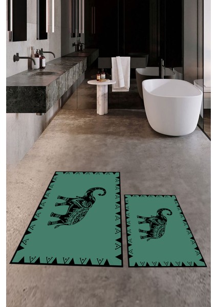 Dijital Baskılı Yıkanabilir Fil Desenli Ikili Banyo Halısı Paspas, Klozet-32-Yeşil, indirimleri