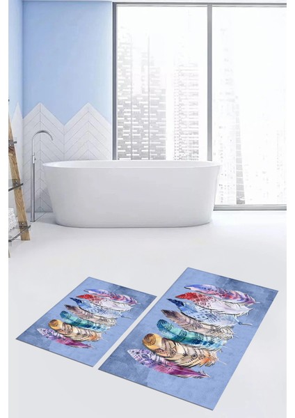 Dijital Baskılı Yıkanabilir Renkli Etnik Yaprak Desen Ikili Banyo Halısı, Klozet-25-Mavi,