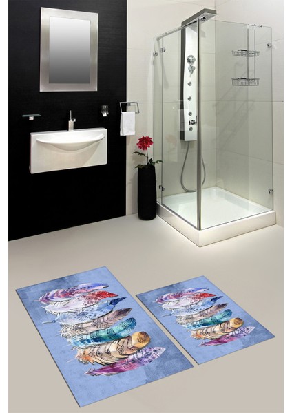 Dijital Baskılı Yıkanabilir Renkli Etnik Yaprak Desen Ikili Banyo Halısı, Klozet-25-Mavi, fiyatları