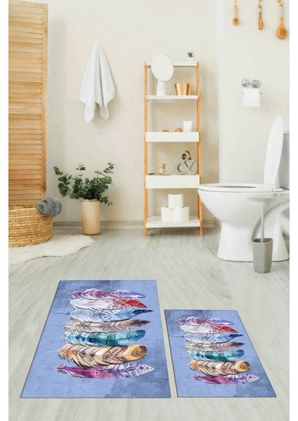 Dijital Baskılı Yıkanabilir Renkli Etnik Yaprak Desen Ikili Banyo Halısı, Klozet-25-Mavi, modelleri
