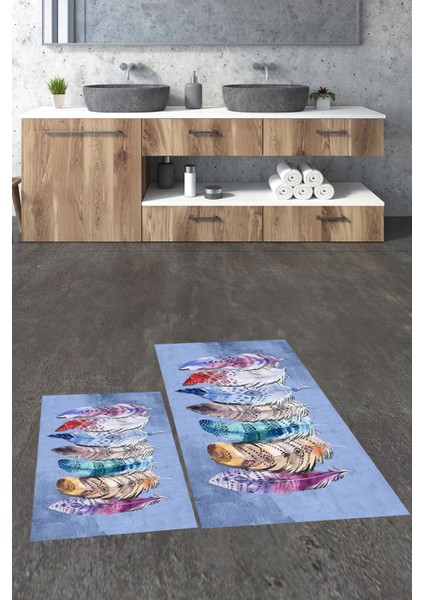 Dijital Baskılı Yıkanabilir Renkli Etnik Yaprak Desen Ikili Banyo Halısı, Klozet-25-Mavi, fırsatları