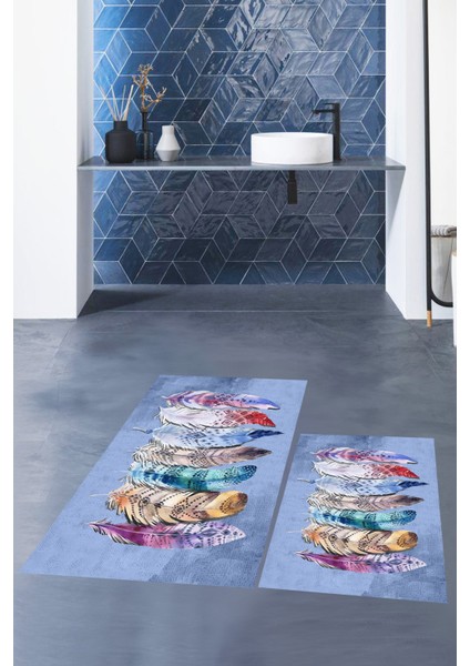 Dijital Baskılı Yıkanabilir Renkli Etnik Yaprak Desen Ikili Banyo Halısı, Klozet-25-Mavi, indirimleri