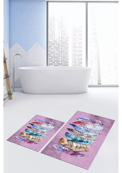 Dijital Baskılı Yıkanabilir Renkli Etnik Yaprak Desen Ikili Banyo Halısı, Klozet-25-Pembe,