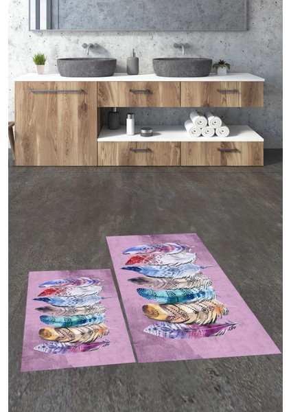 Dijital Baskılı Yıkanabilir Renkli Etnik Yaprak Desen Ikili Banyo Halısı, Klozet-25-Pembe, fırsatları
