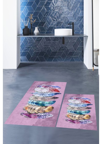 Dijital Baskılı Yıkanabilir Renkli Etnik Yaprak Desen Ikili Banyo Halısı, Klozet-25-Pembe, indirimleri