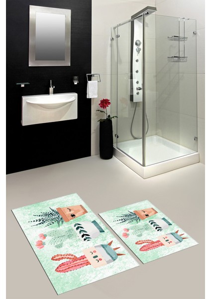 Dijital Baskılı Yıkanabilir Renkli Kaktüs Desenli Ikili Banyo Halısı, Klozet-24-Yeşil, modelleri