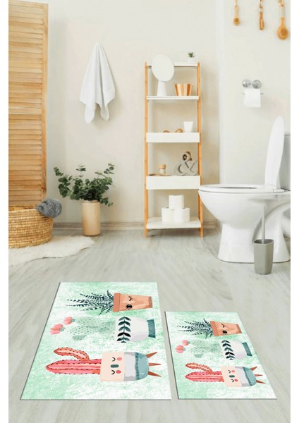 Dijital Baskılı Yıkanabilir Renkli Kaktüs Desenli Ikili Banyo Halısı, Klozet-24-Yeşil, fırsatları