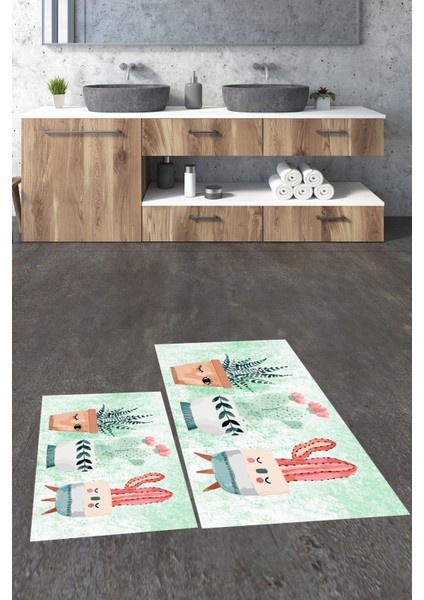 Dijital Baskılı Yıkanabilir Renkli Kaktüs Desenli Ikili Banyo Halısı, Klozet-24-Yeşil, indirimleri