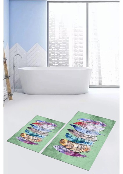 Dijital Baskılı Yıkanabilir Renkli Etnik Yaprak Desen Ikili Banyo Halısı, Klozet-25-Yeşil,
