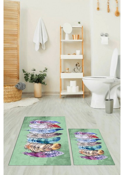 Dijital Baskılı Yıkanabilir Renkli Etnik Yaprak Desen Ikili Banyo Halısı, Klozet-25-Yeşil, modelleri