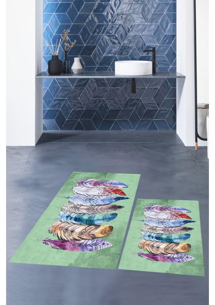 Dijital Baskılı Yıkanabilir Renkli Etnik Yaprak Desen Ikili Banyo Halısı, Klozet-25-Yeşil, indirimleri