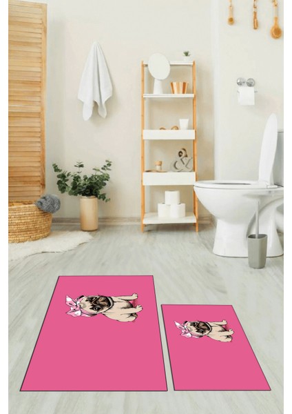 Dijital Baskılı Yıkanabilir Sevimli Köpek Ikili Banyo Halısı Paspas, Klozet-38-Pembe,