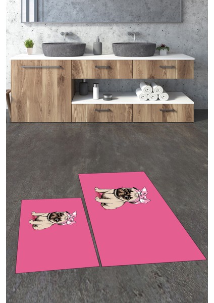 Dijital Baskılı Yıkanabilir Sevimli Köpek Ikili Banyo Halısı Paspas, Klozet-38-Pembe, fiyatları
