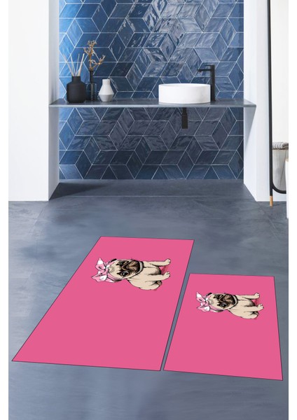 Dijital Baskılı Yıkanabilir Sevimli Köpek Ikili Banyo Halısı Paspas, Klozet-38-Pembe, modelleri