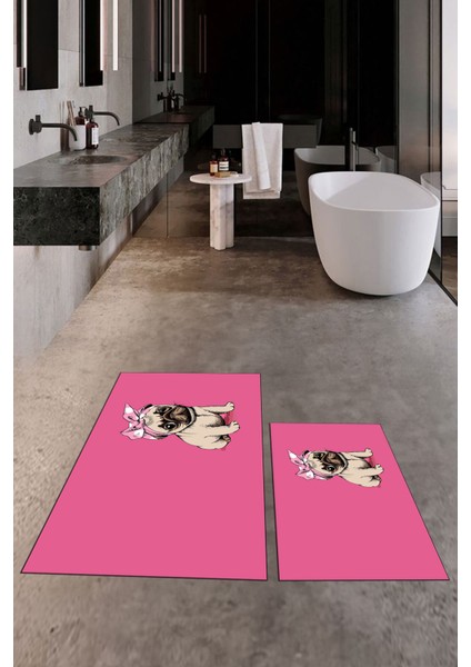 Dijital Baskılı Yıkanabilir Sevimli Köpek Ikili Banyo Halısı Paspas, Klozet-38-Pembe, fırsatları