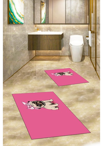 Dijital Baskılı Yıkanabilir Sevimli Köpek Ikili Banyo Halısı Paspas, Klozet-38-Pembe, indirimleri
