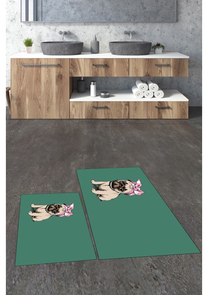 Dijital Baskılı Yıkanabilir Sevimli Köpek Ikili Banyo Halısı Paspas, Klozet-38-Yeşil, fiyatları