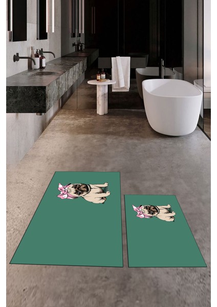 Dijital Baskılı Yıkanabilir Sevimli Köpek Ikili Banyo Halısı Paspas, Klozet-38-Yeşil, fırsatları