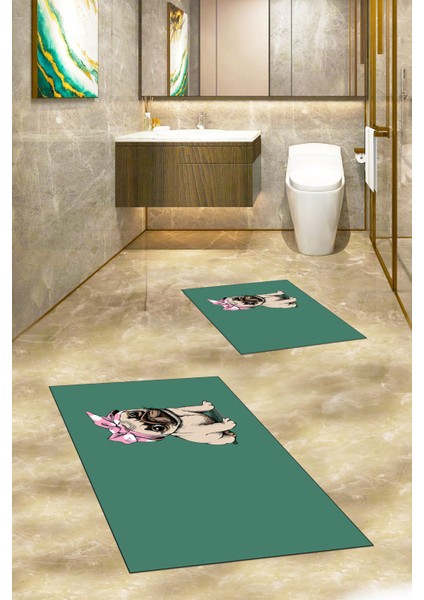 Dijital Baskılı Yıkanabilir Sevimli Köpek Ikili Banyo Halısı Paspas, Klozet-38-Yeşil, indirimleri