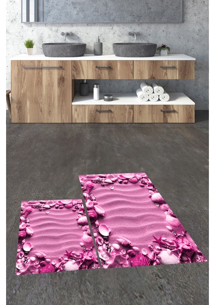 3d Dijital Baskılı Yıkanabilir Modern Desenli Ikili Banyo Halısı Paspas, Klozet-47-Pembe,
