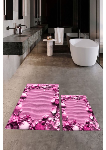 3d Dijital Baskılı Yıkanabilir Modern Desenli Ikili Banyo Halısı Paspas, Klozet-47-Pembe, modelleri