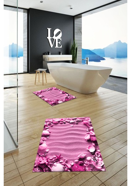 3d Dijital Baskılı Yıkanabilir Modern Desenli Ikili Banyo Halısı Paspas, Klozet-47-Pembe, indirimleri