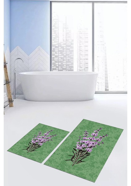 Dijital Baskılı Yıkanabilir Modern Çiçekli Ikili Banyo Halısı Paspas, Klozet-29-Yeşil,
