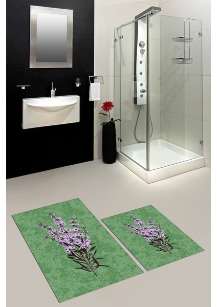 Dijital Baskılı Yıkanabilir Modern Çiçekli Ikili Banyo Halısı Paspas, Klozet-29-Yeşil, fiyatları