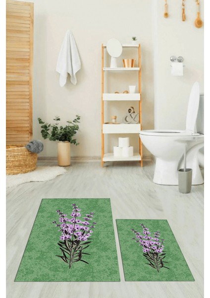 Dijital Baskılı Yıkanabilir Modern Çiçekli Ikili Banyo Halısı Paspas, Klozet-29-Yeşil, modelleri