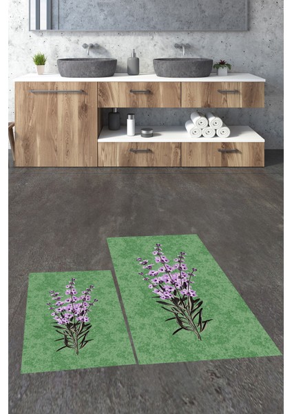Dijital Baskılı Yıkanabilir Modern Çiçekli Ikili Banyo Halısı Paspas, Klozet-29-Yeşil, fırsatları
