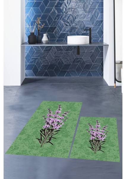 Dijital Baskılı Yıkanabilir Modern Çiçekli Ikili Banyo Halısı Paspas, Klozet-29-Yeşil, indirimleri