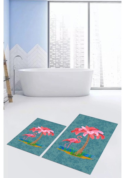 Dijital Baskılı Yıkanabilir Flamingo Desenli Ikili Banyo Halısı Paspas, Klozet-30-Mavi,
