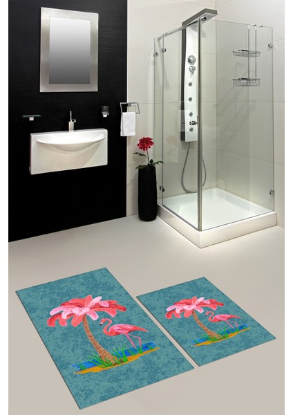 Dijital Baskılı Yıkanabilir Flamingo Desenli Ikili Banyo Halısı Paspas, Klozet-30-Mavi, fiyatları
