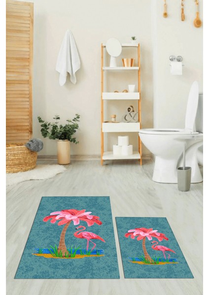 Dijital Baskılı Yıkanabilir Flamingo Desenli Ikili Banyo Halısı Paspas, Klozet-30-Mavi, modelleri