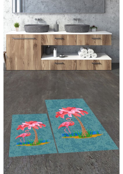 Dijital Baskılı Yıkanabilir Flamingo Desenli Ikili Banyo Halısı Paspas, Klozet-30-Mavi, fırsatları