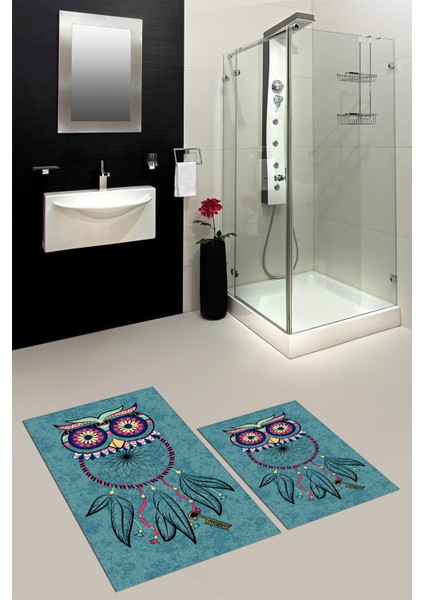 Dijital Baskılı Yıkanabilir Baykuş Desenli Ikili Banyo Halısı Paspas, Klozet-35-Mavi,