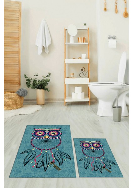Dijital Baskılı Yıkanabilir Baykuş Desenli Ikili Banyo Halısı Paspas, Klozet-35-Mavi, fiyatları
