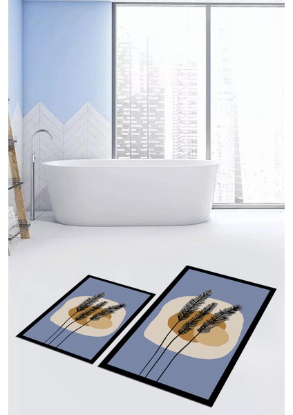 Dijital Baskılı Yıkanabilir Renkli Çiçekli Ikili Banyo Halısı Paspas, Klozet-28-Mavi,