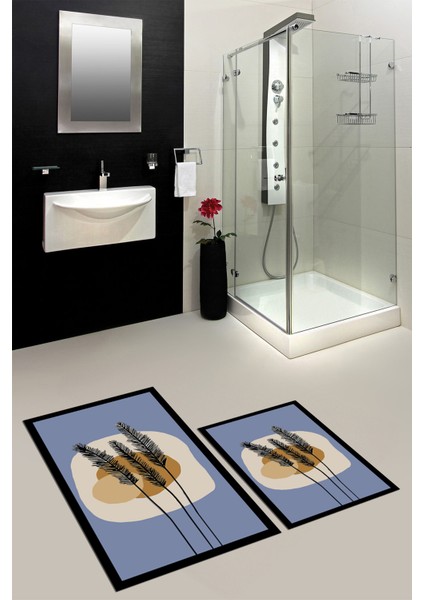 Dijital Baskılı Yıkanabilir Renkli Çiçekli Ikili Banyo Halısı Paspas, Klozet-28-Mavi, fiyatları