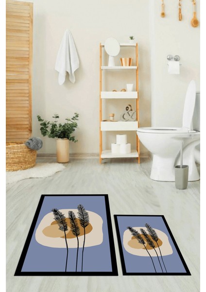 Dijital Baskılı Yıkanabilir Renkli Çiçekli Ikili Banyo Halısı Paspas, Klozet-28-Mavi, modelleri