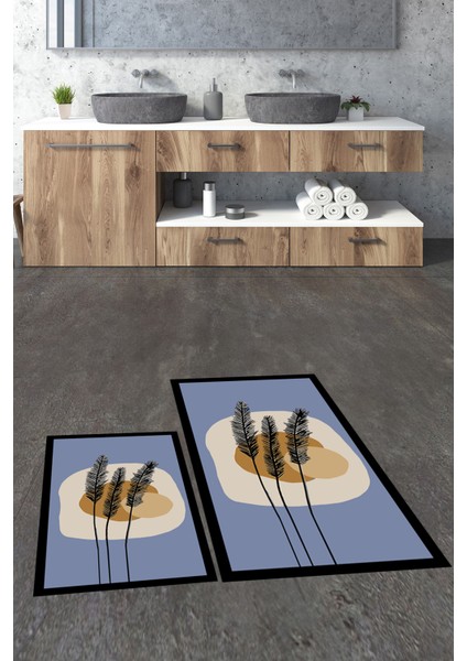 Dijital Baskılı Yıkanabilir Renkli Çiçekli Ikili Banyo Halısı Paspas, Klozet-28-Mavi, fırsatları
