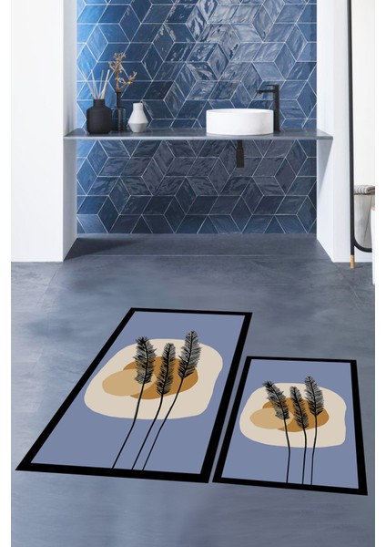 Dijital Baskılı Yıkanabilir Renkli Çiçekli Ikili Banyo Halısı Paspas, Klozet-28-Mavi, indirimleri