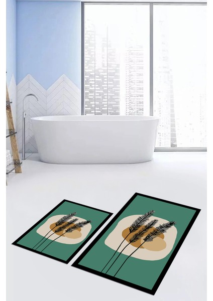 Dijital Baskılı Yıkanabilir Renkli Çiçekli Ikili Banyo Halısı Paspas, Klozet-28-Yeşil,