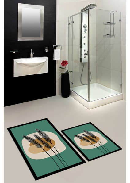 Dijital Baskılı Yıkanabilir Renkli Çiçekli Ikili Banyo Halısı Paspas, Klozet-28-Yeşil, fiyatları